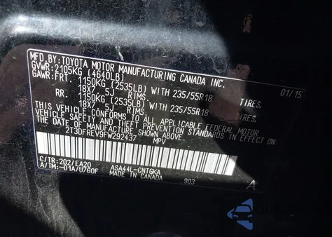 2015 Toyota Rav4 Limited z USA, uszkodzony, nr VIN 2T3DFREV9FW292437